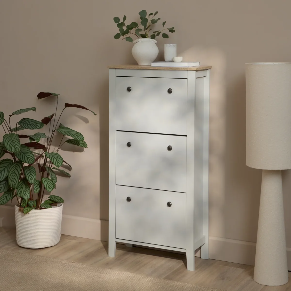 Sandhurst 60cm Three Door Shoe Cabinet - Snow White with Coastal Oak Top - Image 6